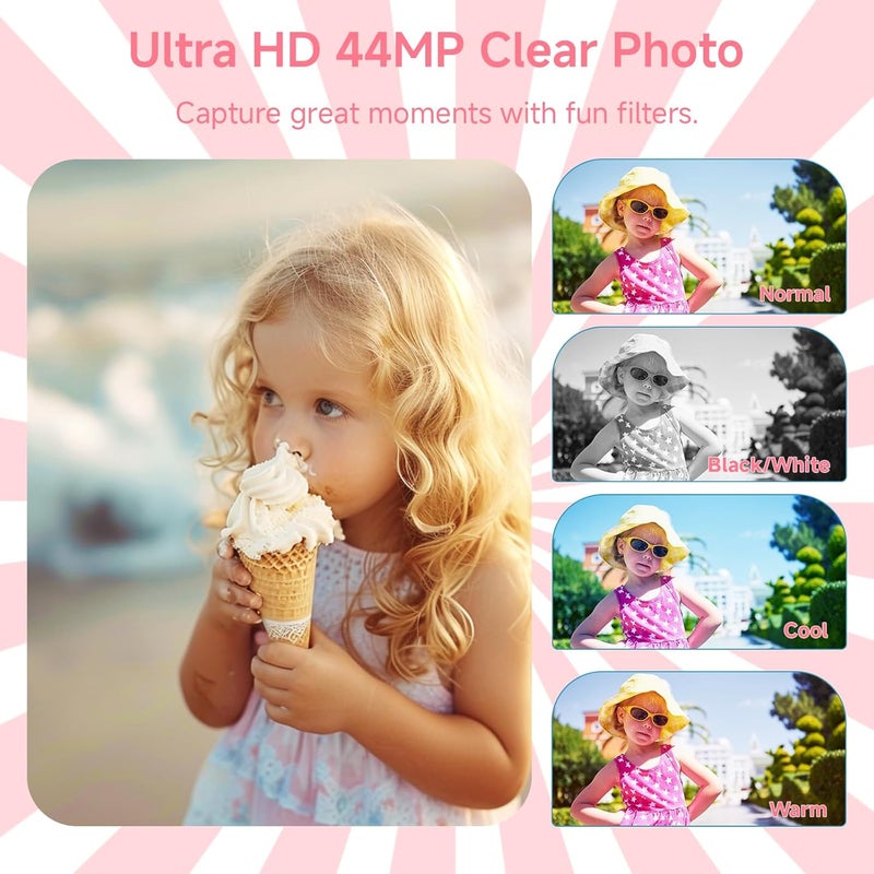 SMARTKLIK Store كاميرا رقمية، FHD 4K 44MP كاميرا رقمية بؤرة تلقائية وردية مع بطاقة SD سعة 64GB 16X زوم، كاميرات للتصوير كاميرا صغيرة مدمجة وسهلة الاستخدام للأولاد والبنات والأطفال كاميرا رقمية للسفر - Image 4